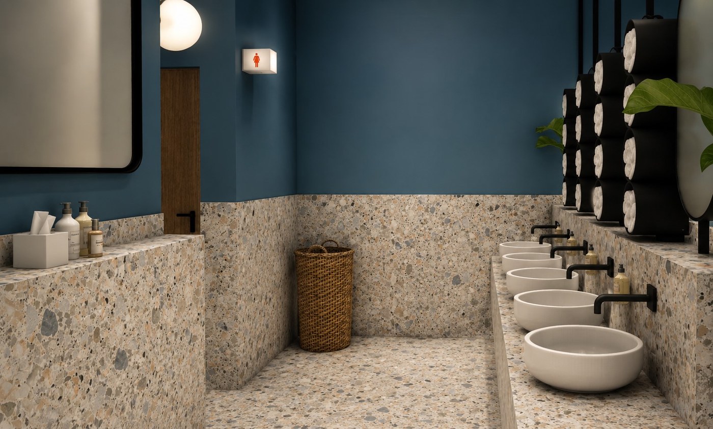 TBRC vanity with terrazzo surfaces, warm materials and considered lighting